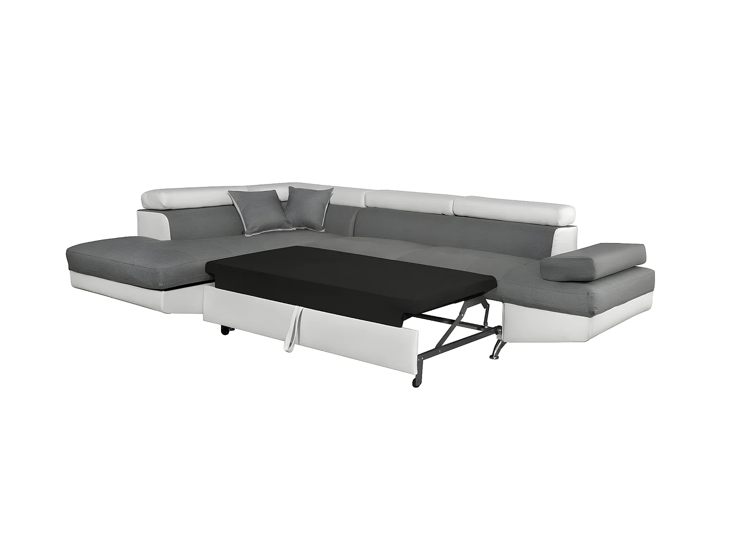 Canapé d'angle gauche 5 places Rio Convertible avec coffre en tissu et simili - Blanc/Gris - L271 x P192 x H70cm - Loungitude