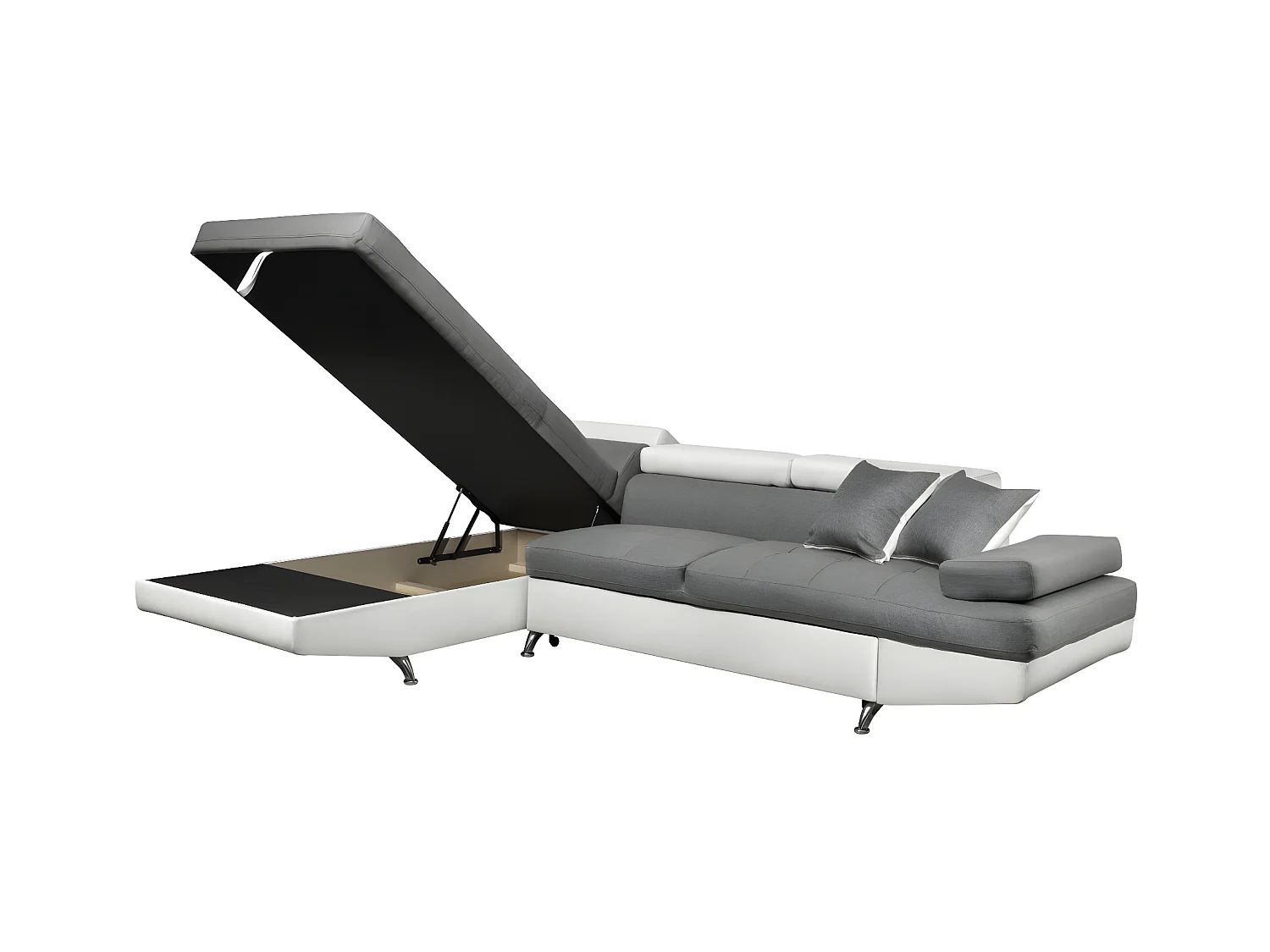 Canapé d'angle gauche 5 places Rio Convertible avec coffre en tissu et simili - Blanc/Gris - L271 x P192 x H70cm - Loungitude