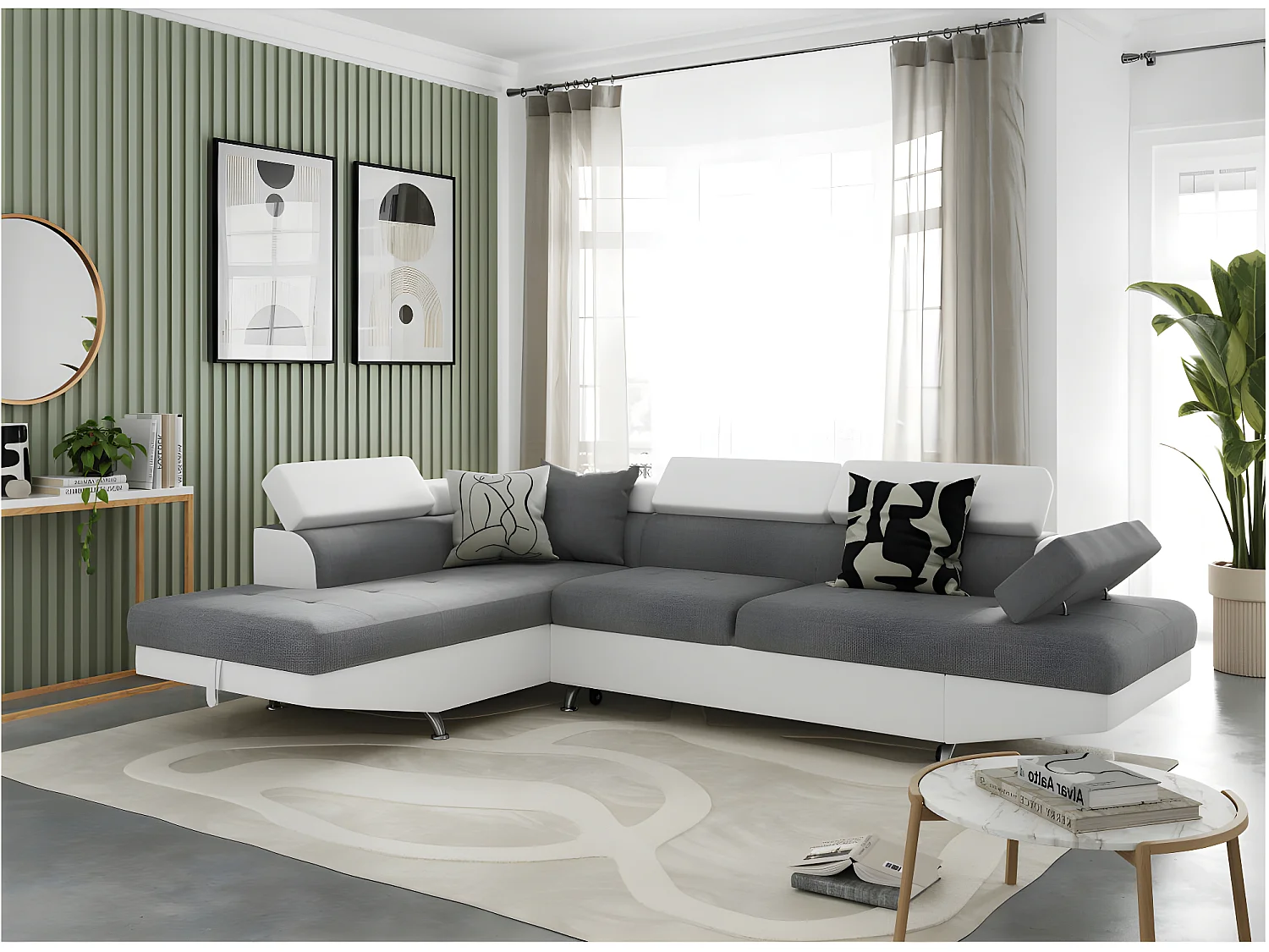 Canapé d'angle gauche 5 places Rio convertible avec coffre en tissu et simili - Blanc/Gris - L271 x P192 x H70cm - Loungitude