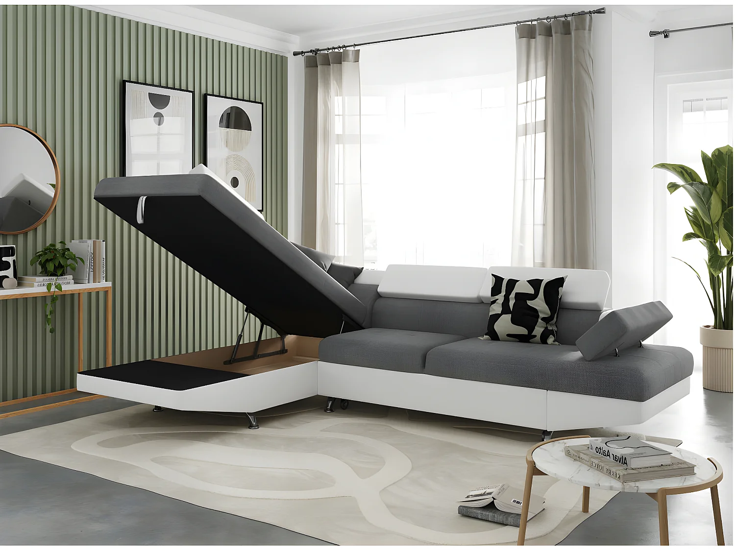 Canapé d'angle gauche 5 places Rio convertible avec coffre en tissu et simili - Blanc/Gris - L271 x P192 x H70cm - Loungitude