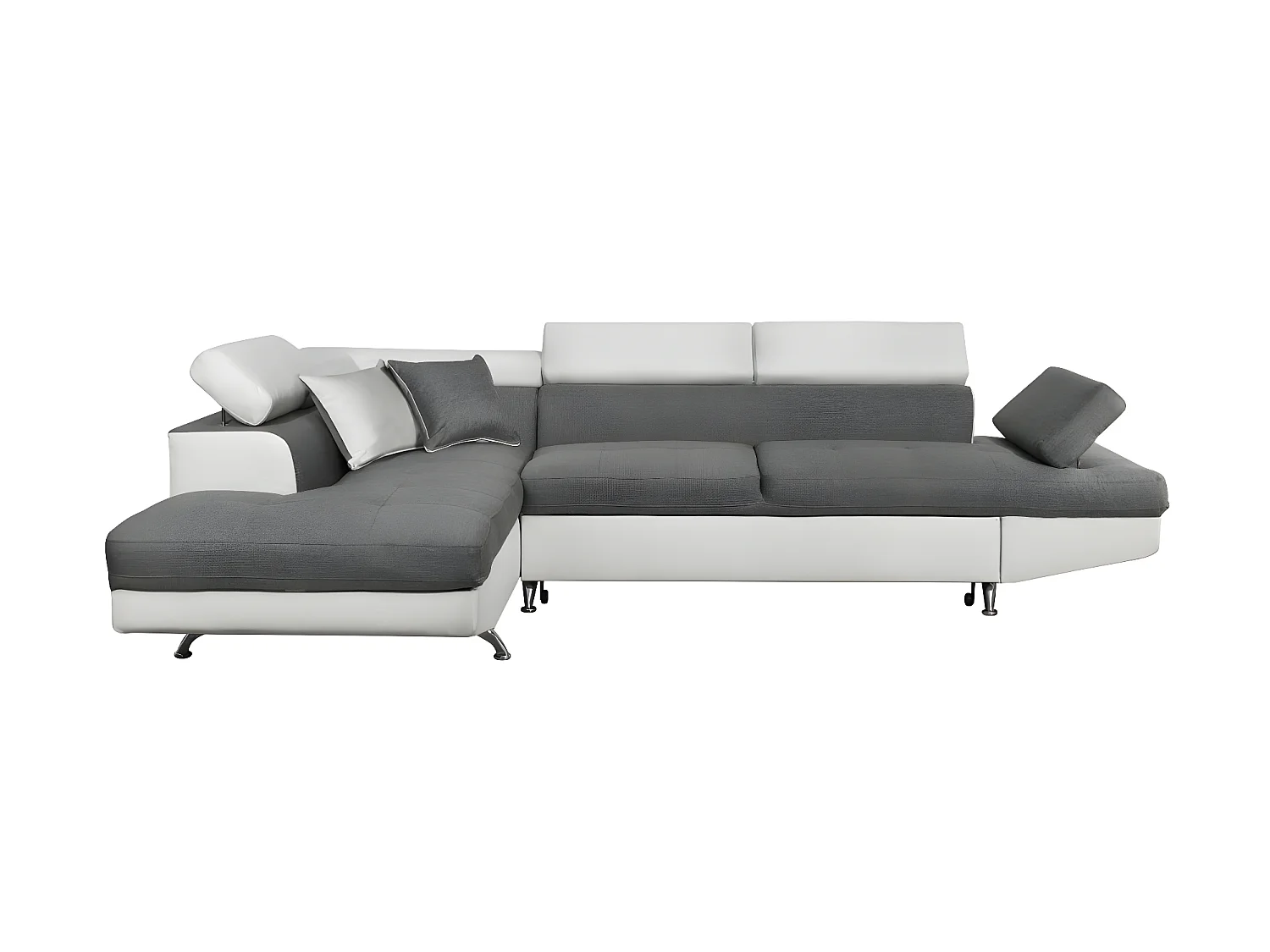 Canapé d'angle gauche 5 places Rio convertible avec coffre en tissu et simili - Blanc/Gris - L271 x P192 x H70cm - Loungitude