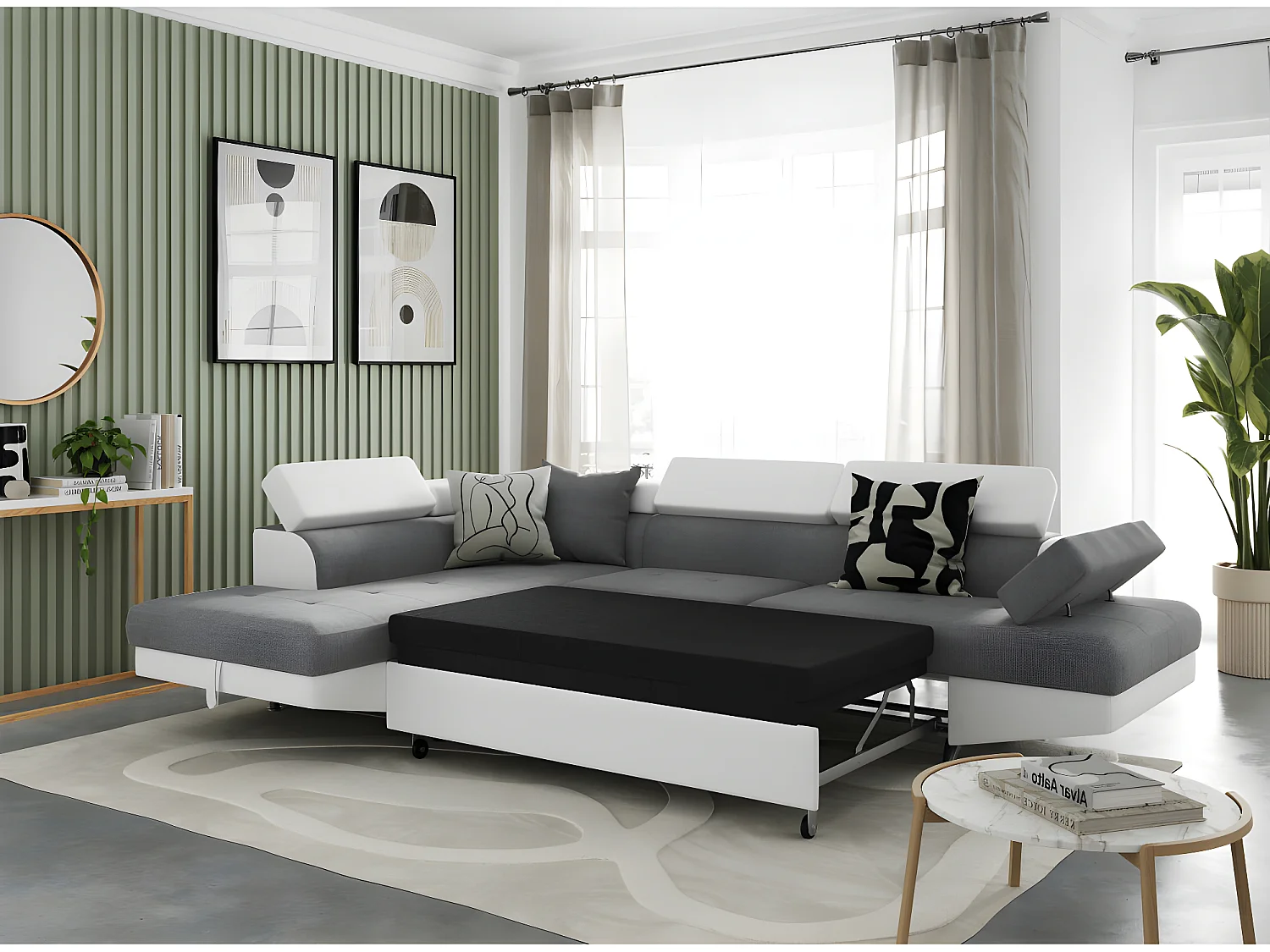 Canapé d'angle gauche 5 places Rio convertible avec coffre en tissu et simili - Blanc/Gris - L271 x P192 x H70cm - Loungitude