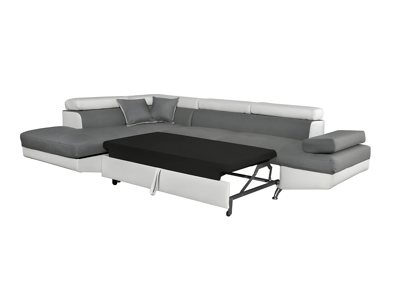 Canapé d'angle gauche 5 places Rio convertible avec coffre en tissu et simili - Blanc/Gris - L271 x P192 x H70cm - Loungitude