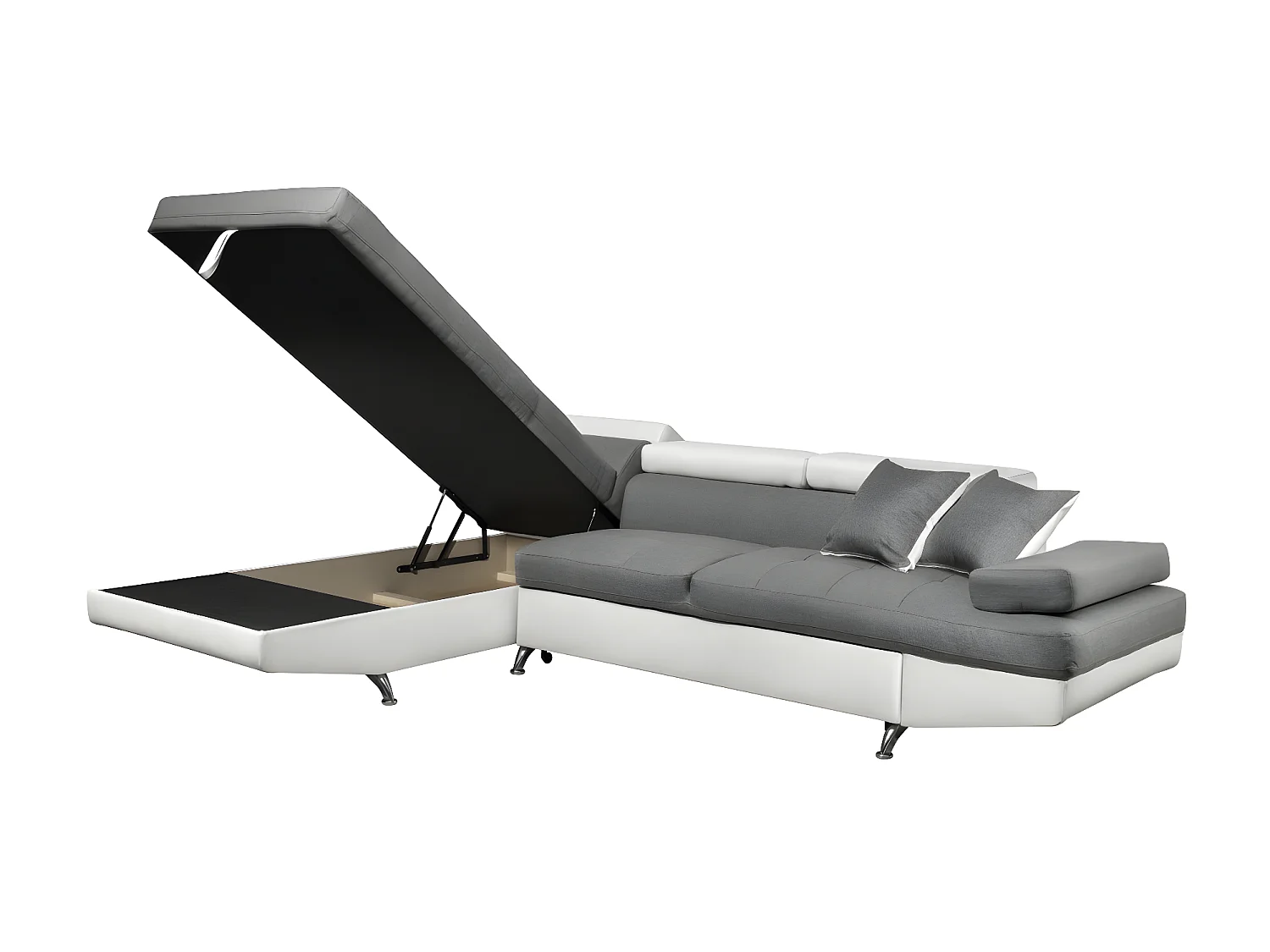 Canapé d'angle gauche 5 places Rio convertible avec coffre en tissu et simili - Blanc/Gris - L271 x P192 x H70cm - Loungitude