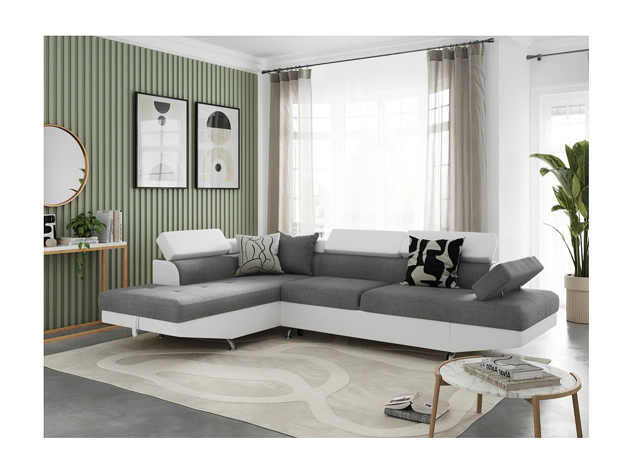 Canapé d'angle gauche 5 places Rio convertible avec coffre en tissu et simili - Blanc/Gris - L271 x P192 x H70cm - Loungitude