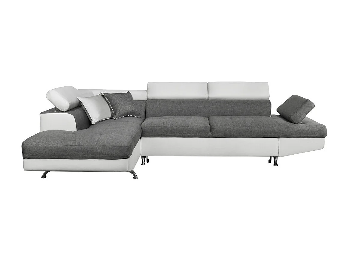 Canapé d'angle gauche 5 places Rio convertible avec coffre en tissu et simili - Blanc/Gris - L271 x P192 x H70cm - Loungitude