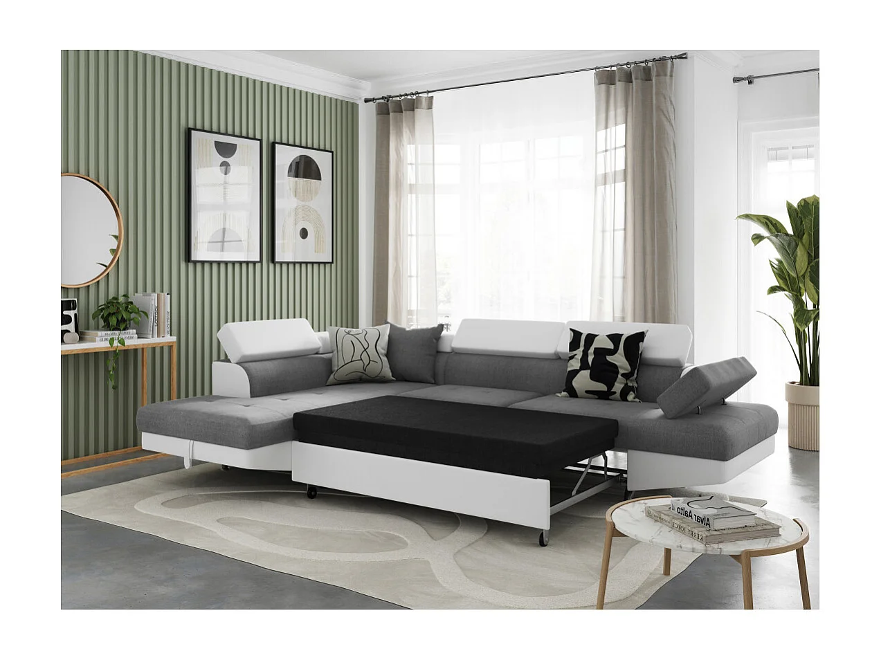 Canapé d'angle gauche 5 places Rio convertible avec coffre en tissu et simili - Blanc/Gris - L271 x P192 x H70cm - Loungitude