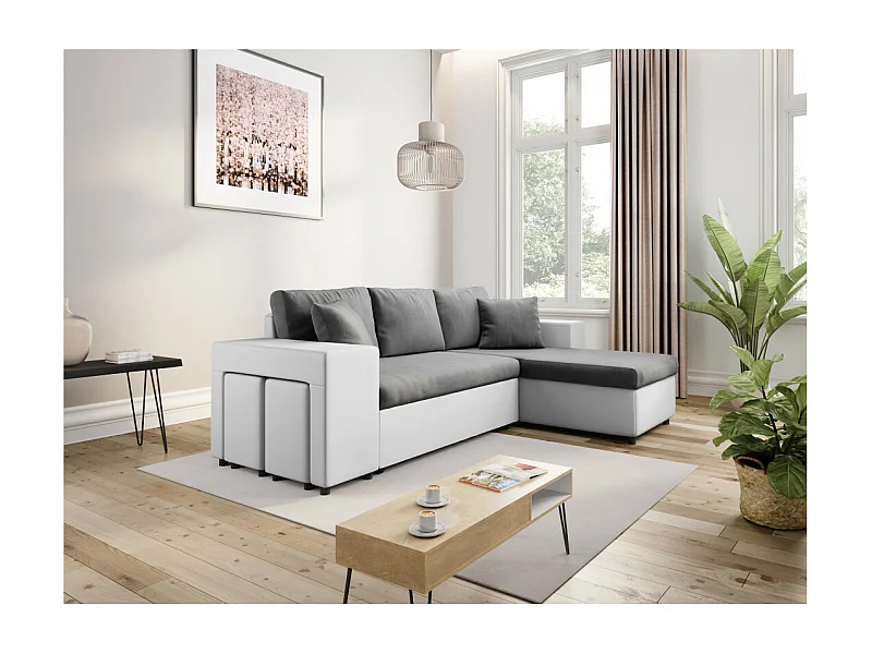 Canapé d'angle réversible Mady bimatière gris/blanc avec coffre accoudoir étagère et poufs gauche - L254 x P146 x H81cm - Loungitude
