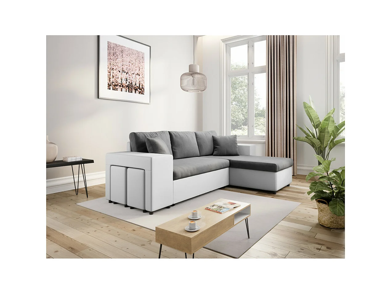 Canapé d'angle réversible Mady bimatière gris/blanc avec coffre accoudoir étagère et poufs gauche - L254 x P146 x H81cm - Loungitude