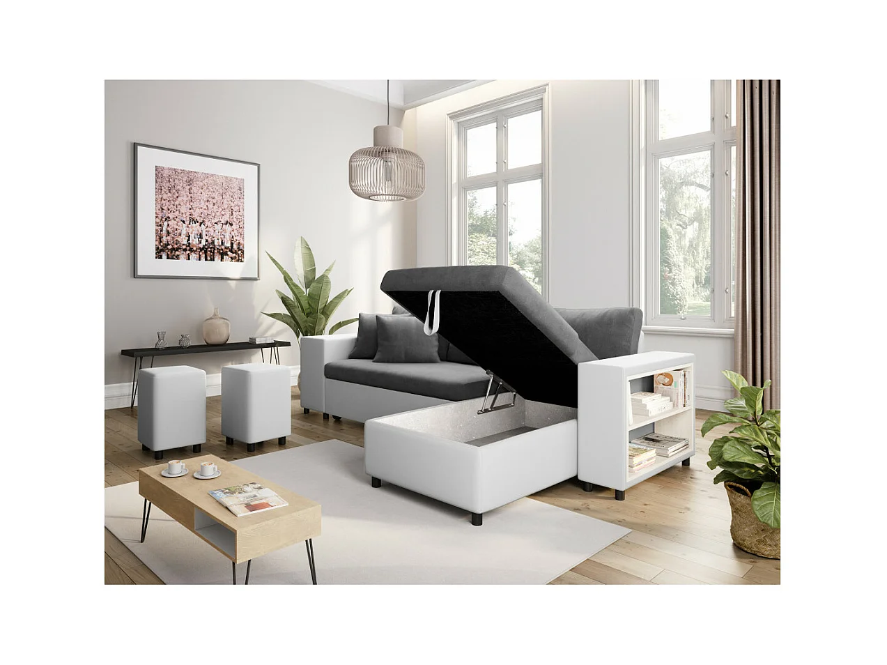 Canapé d'angle réversible Mady bimatière gris/blanc avec coffre accoudoir étagère et poufs gauche - L254 x P146 x H81cm - Loungitude