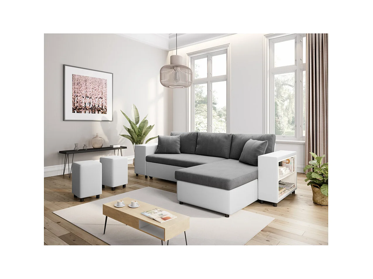 Canapé d'angle réversible Mady bimatière gris/blanc avec coffre accoudoir étagère et poufs gauche - L254 x P146 x H81cm - Loungitude