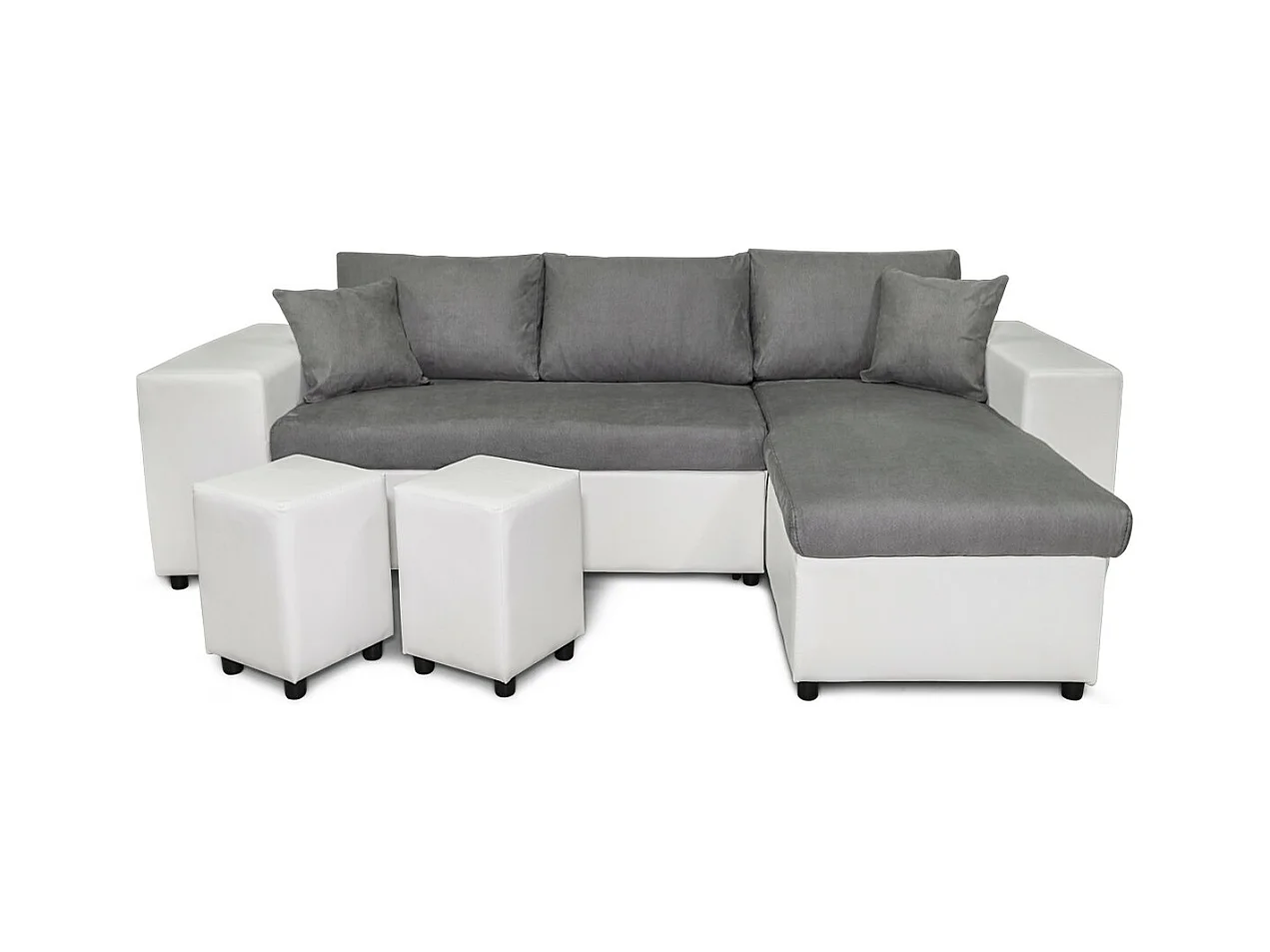 Canapé d'angle réversible Mady bimatière gris/blanc avec coffre accoudoir étagère et poufs gauche - L254 x P146 x H81cm - Loungitude