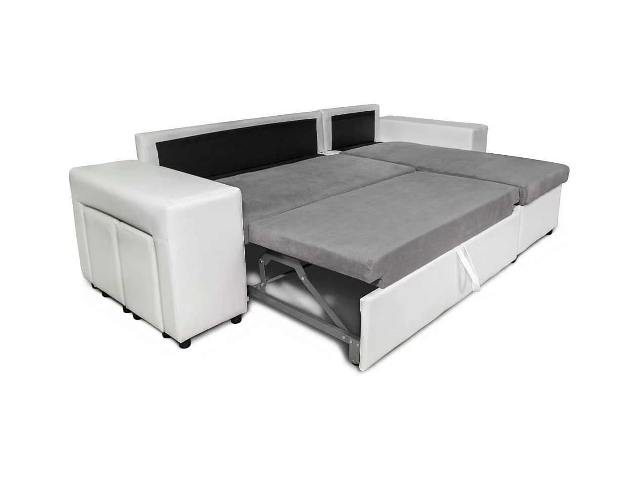 Canapé d'angle réversible Mady bimatière gris/blanc avec coffre accoudoir étagère et poufs gauche - L254 x P146 x H81cm - Loungitude