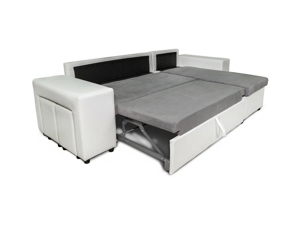 Canapé d'angle réversible Mady bimatière gris/blanc avec coffre accoudoir étagère et poufs gauche - L254 x P146 x H81cm - Loungitude