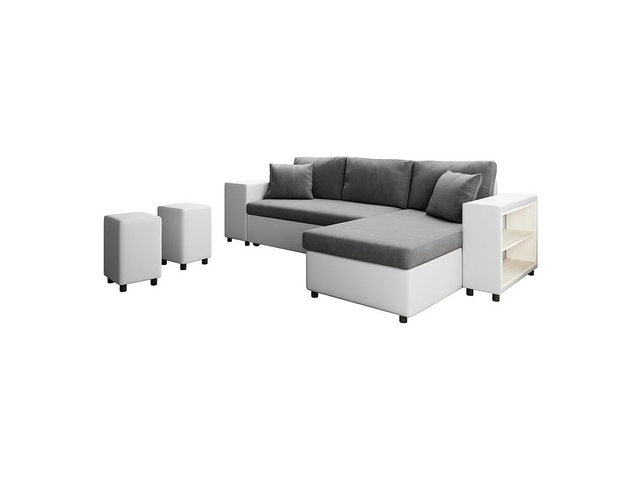 Canapé d'angle réversible Mady bimatière gris/blanc avec coffre accoudoir étagère et poufs gauche - L254 x P146 x H81cm - Loungitude