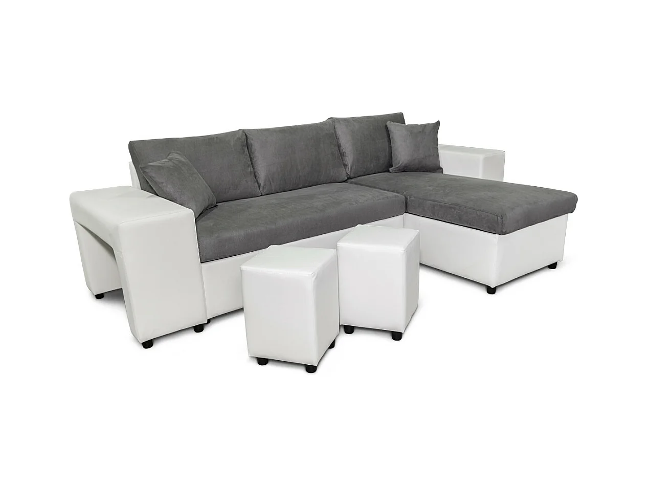 Canapé d'angle réversible Mady bimatière gris/blanc avec coffre accoudoir étagère et poufs gauche - L254 x P146 x H81cm - Loungitude