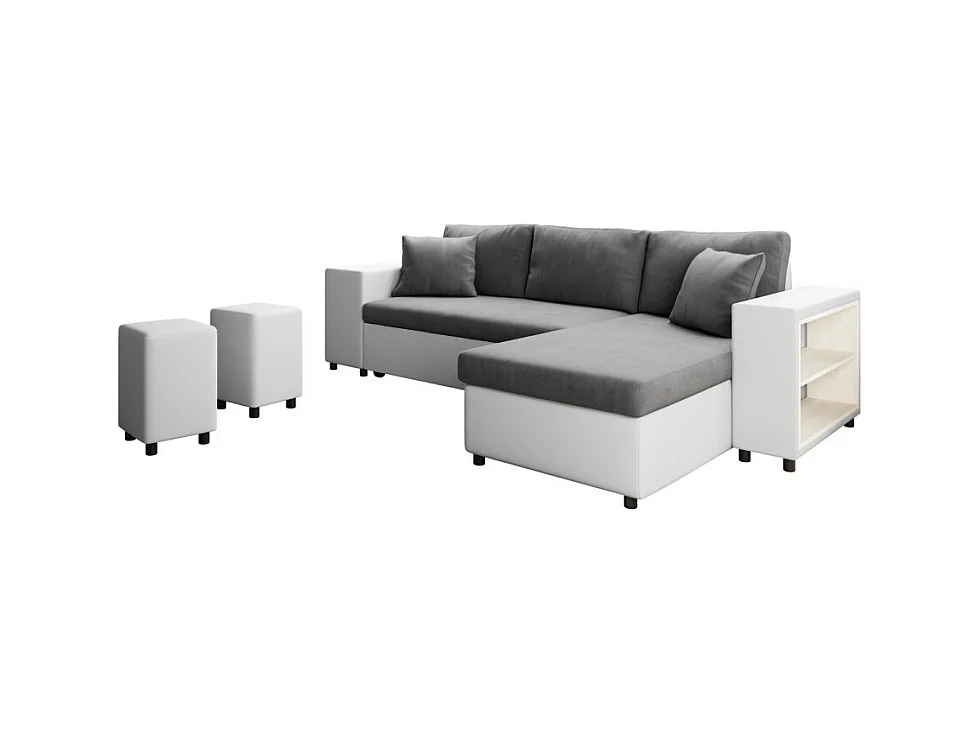 Canapé d'angle réversible Mady bimatière gris/blanc avec coffre accoudoir étagère et poufs gauche - L254 x P146 x H81cm - Loungitude