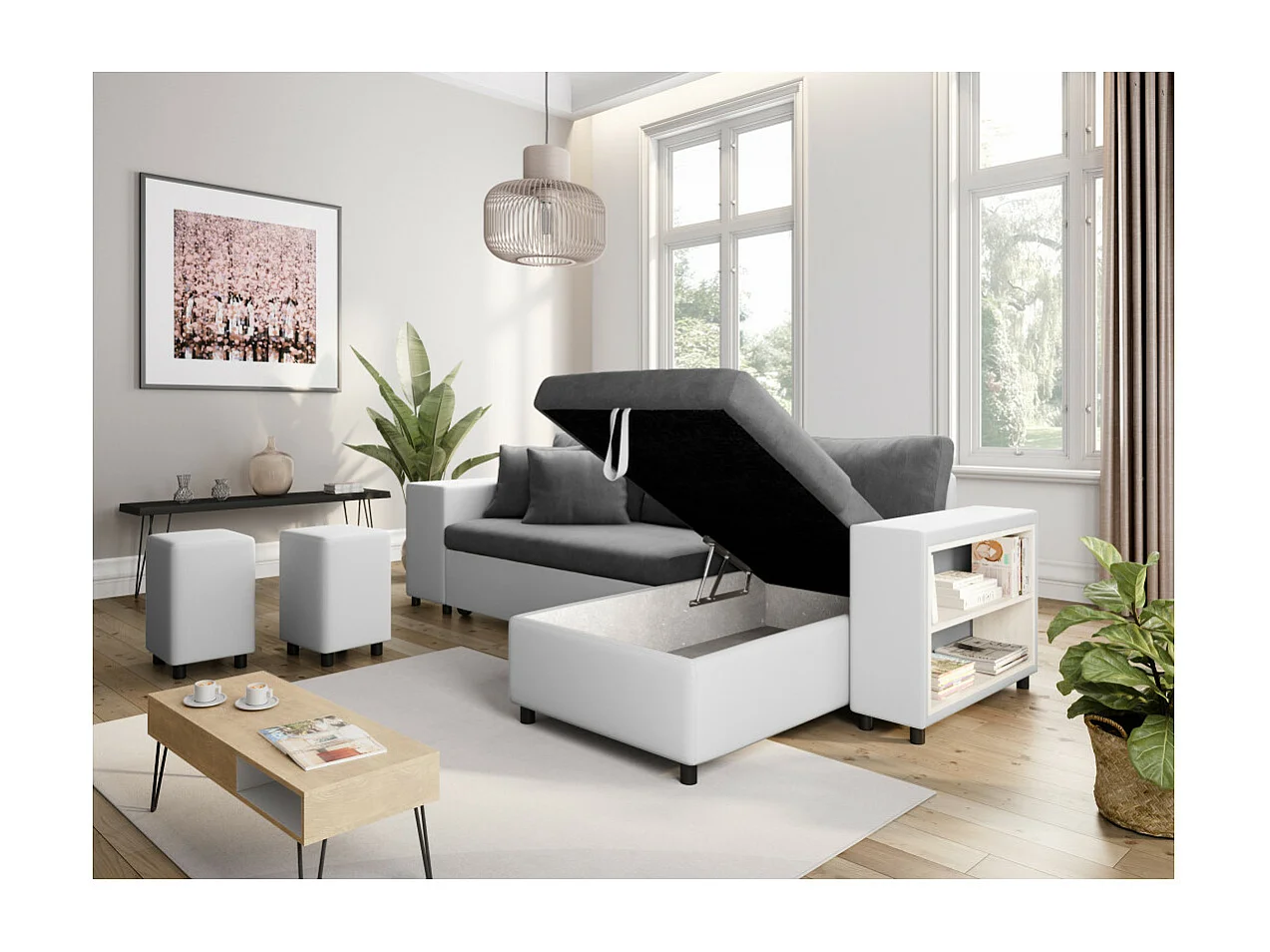 Canapé d'angle réversible Mady bimatière gris/blanc avec coffre accoudoir étagère et poufs gauche - L254 x P146 x H81cm - Loungitude