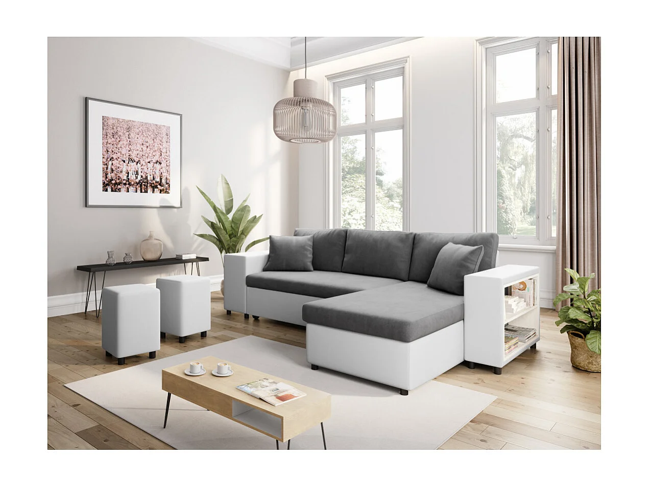 Canapé d'angle réversible Mady bimatière gris/blanc avec coffre accoudoir étagère et poufs gauche - L254 x P146 x H81cm - Loungitude