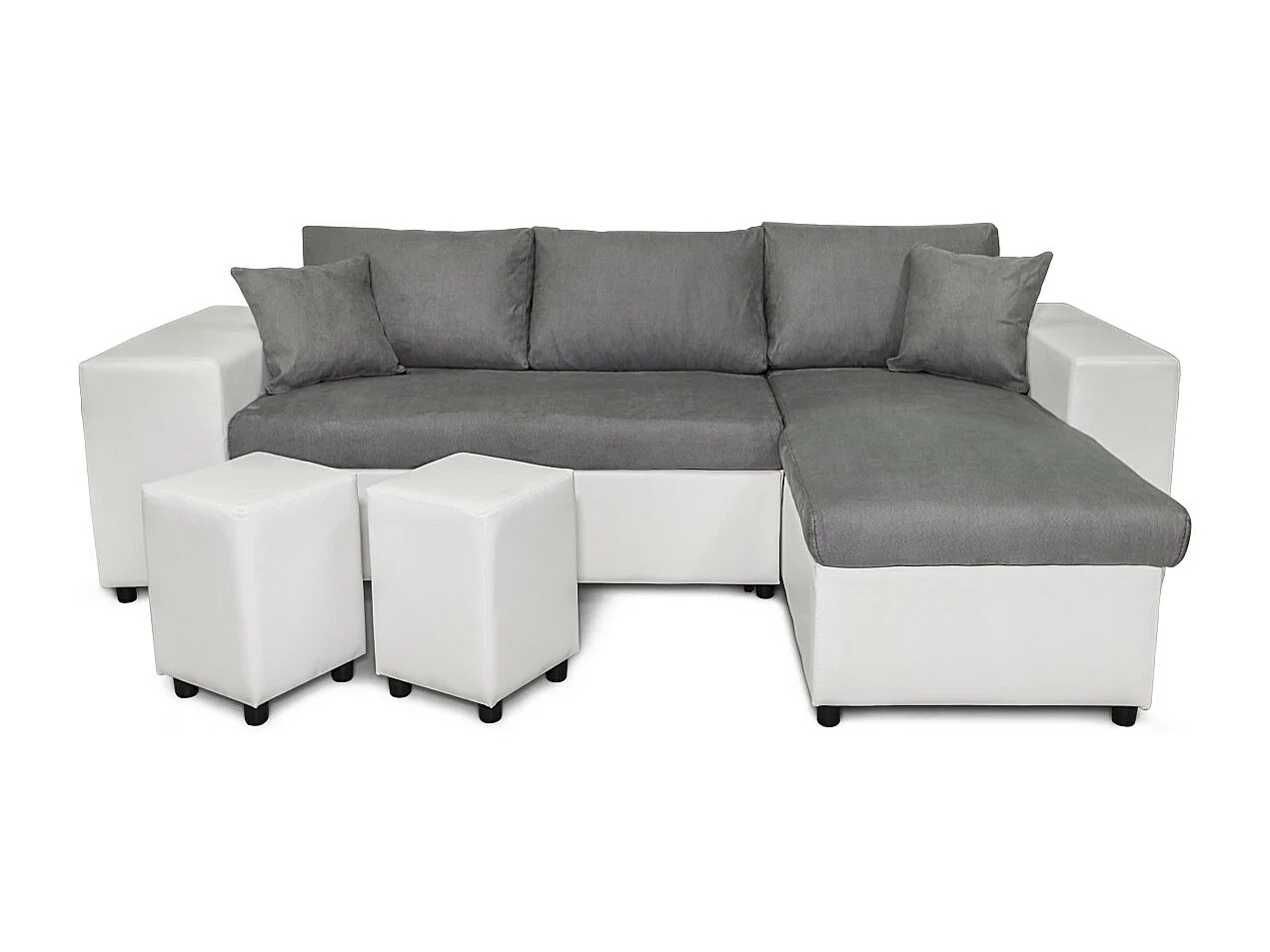 Canapé d'angle réversible Mady bimatière gris/blanc avec coffre accoudoir étagère et poufs gauche - L254 x P146 x H81cm - Loungitude