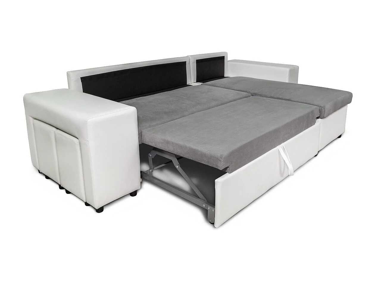 Canapé d'angle réversible Mady bimatière gris/blanc avec coffre accoudoir étagère et poufs gauche - L254 x P146 x H81cm - Loungitude