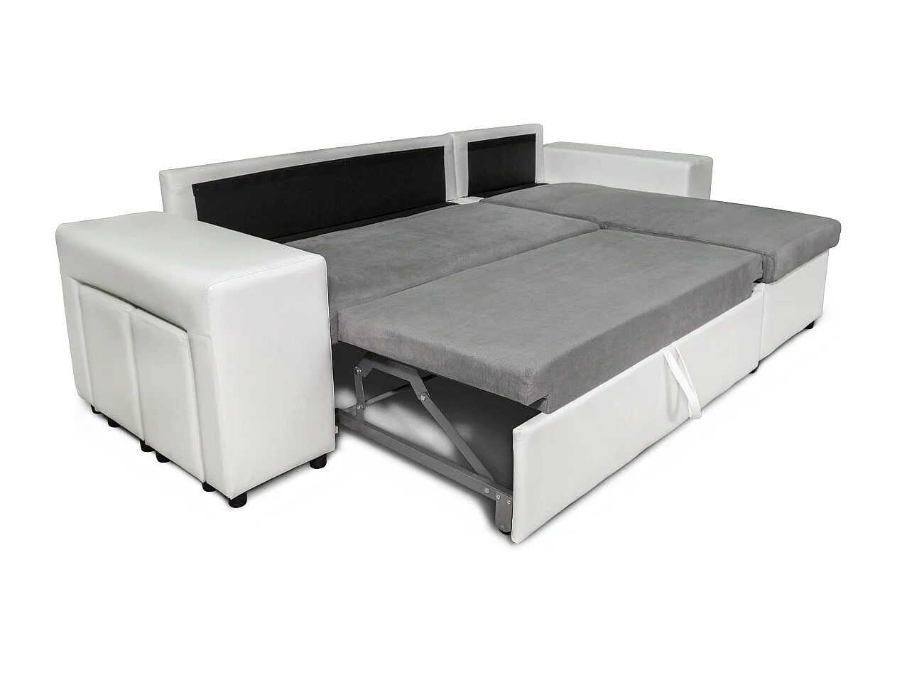 Canapé d'angle réversible Mady bimatière gris/blanc avec coffre accoudoir étagère et poufs gauche - L254 x P146 x H81cm - Loungitude