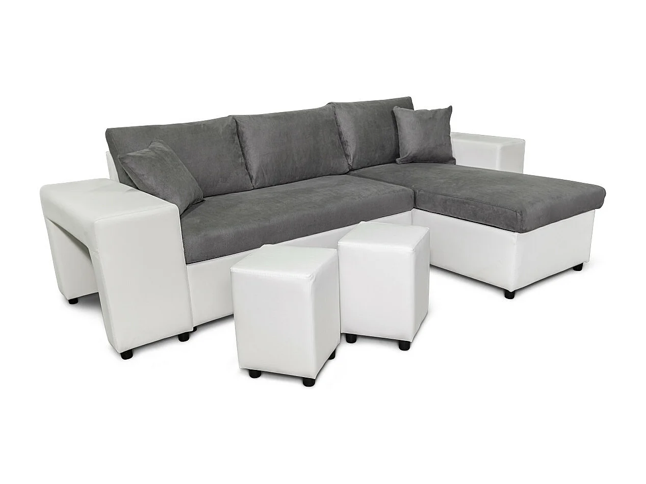 Canapé d'angle réversible Mady bimatière gris/blanc avec coffre accoudoir étagère et poufs gauche - L254 x P146 x H81cm - Loungitude