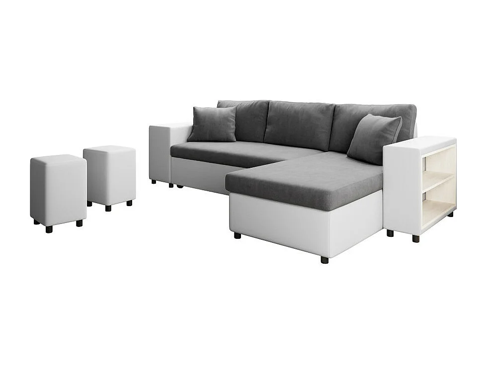 Canapé d'angle réversible Mady bimatière gris/blanc avec coffre accoudoir étagère et poufs gauche - L254 x P146 x H81cm - Loungitude
