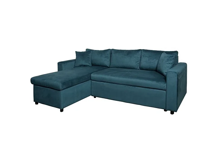 Canapé d'angle 3 places Maria réversible et convertible avec coffre en velours - Bleu - L227 x P146 x H81cm - Loungitude