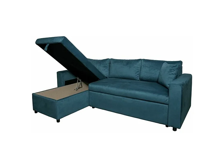 Canapé d'angle 3 places Maria réversible et convertible avec coffre en velours - Bleu - L227 x P146 x H81cm - Loungitude
