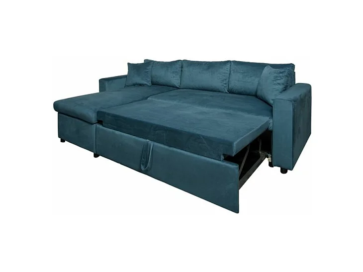 Canapé d'angle 3 places Maria réversible et convertible avec coffre en velours - Bleu - L227 x P146 x H81cm - Loungitude
