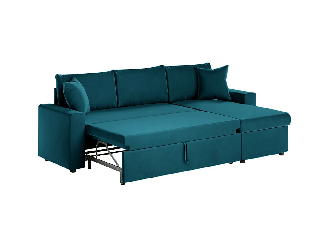 Canapé d'angle 3 places Maria réversible et convertible avec coffre en velours - Bleu - L227 x P146 x H81cm - Loungitude