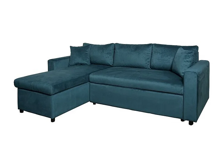 Canapé d'angle 3 places Maria réversible et convertible avec coffre en velours - Bleu - L227 x P146 x H81cm - Loungitude