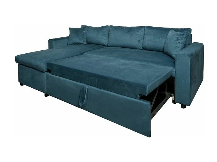 Canapé d'angle 3 places Maria réversible et convertible avec coffre en velours - Bleu - L227 x P146 x H81cm - Loungitude