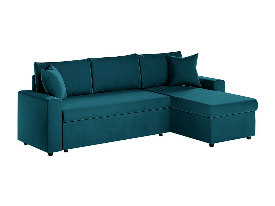 Canapé d'angle 3 places Maria réversible et convertible avec coffre en velours - Bleu - L227 x P146 x H81cm - Loungitude