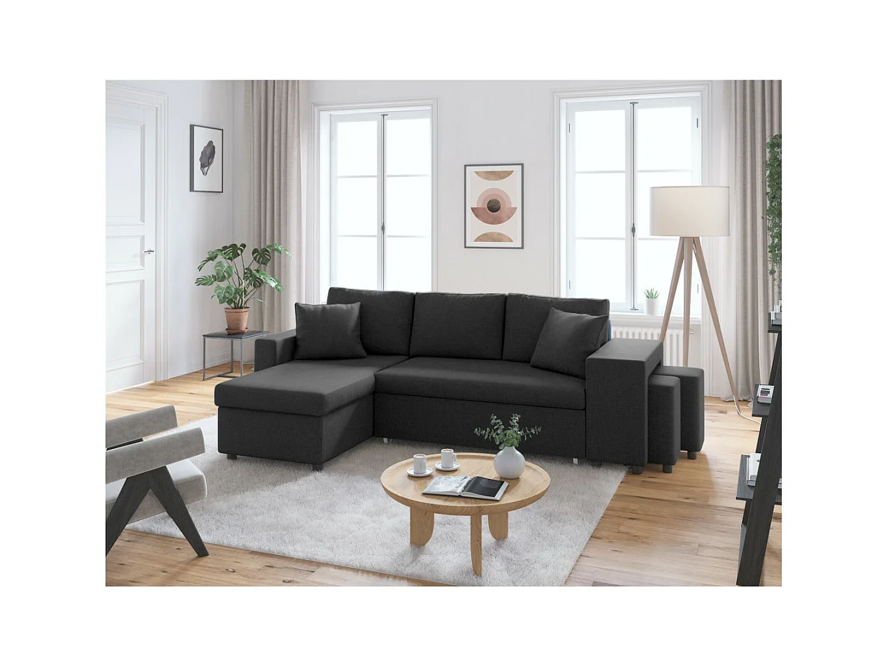 Canapé d'angle 3 places réversible Oslo avec coffre et poufs droit en tissu - Gris anthracite - L241 x P146 x H81cm - Loungitude