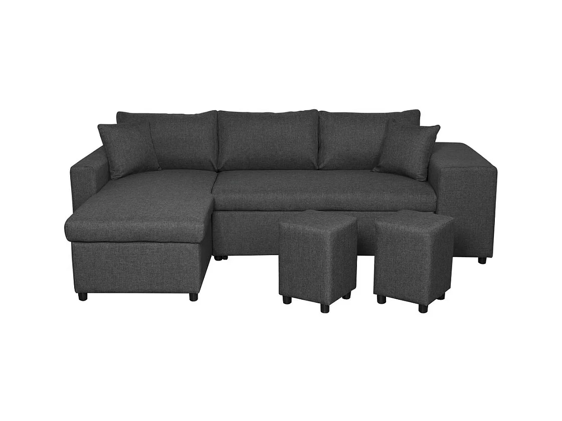 Canapé d'angle 3 places réversible Oslo avec coffre et poufs droit en tissu - Gris anthracite - L241 x P146 x H81cm - Loungitude