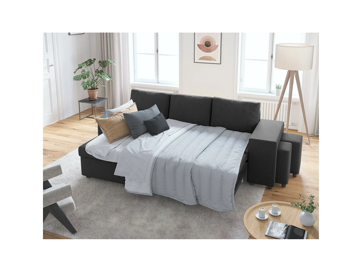 Canapé d'angle 3 places réversible Oslo avec coffre et poufs droit en tissu - Gris anthracite - L241 x P146 x H81cm - Loungitude