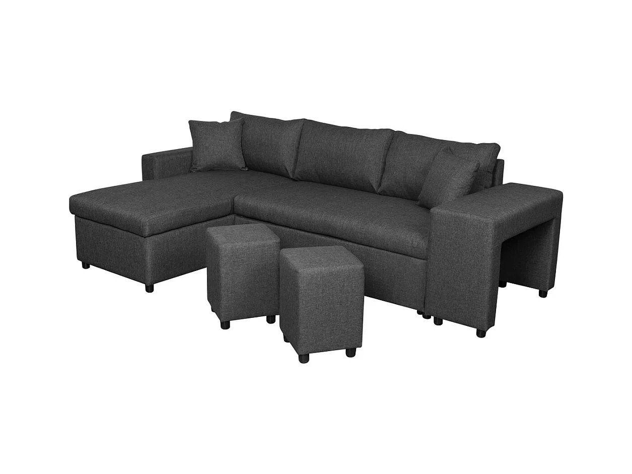 Canapé d'angle 3 places réversible Oslo avec coffre et poufs droit en tissu - Gris anthracite - L241 x P146 x H81cm - Loungitude