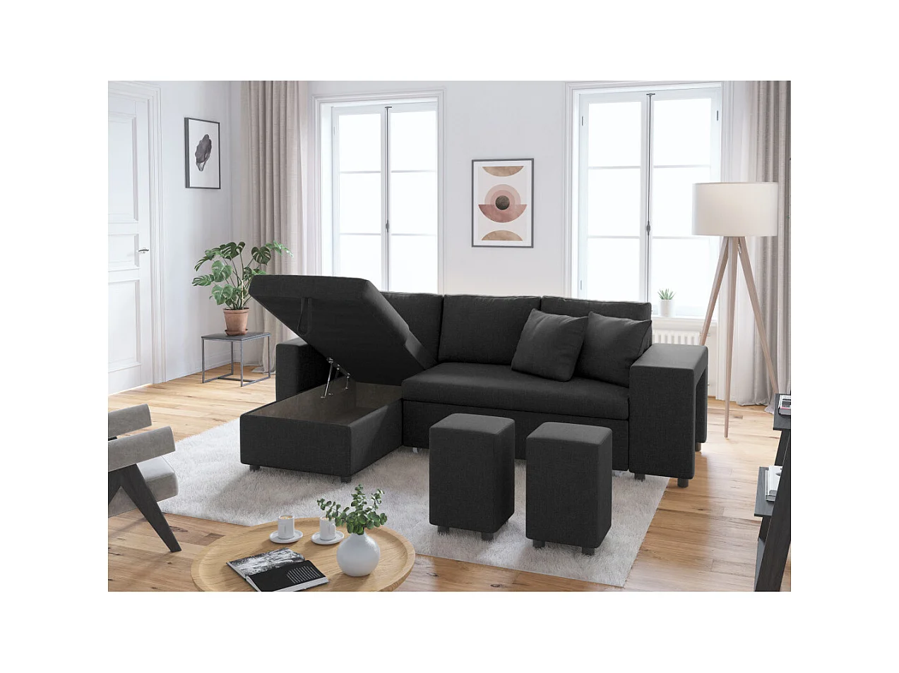 Canapé d'angle 3 places réversible Oslo avec coffre et poufs droit en tissu - Gris anthracite - L241 x P146 x H81cm - Loungitude