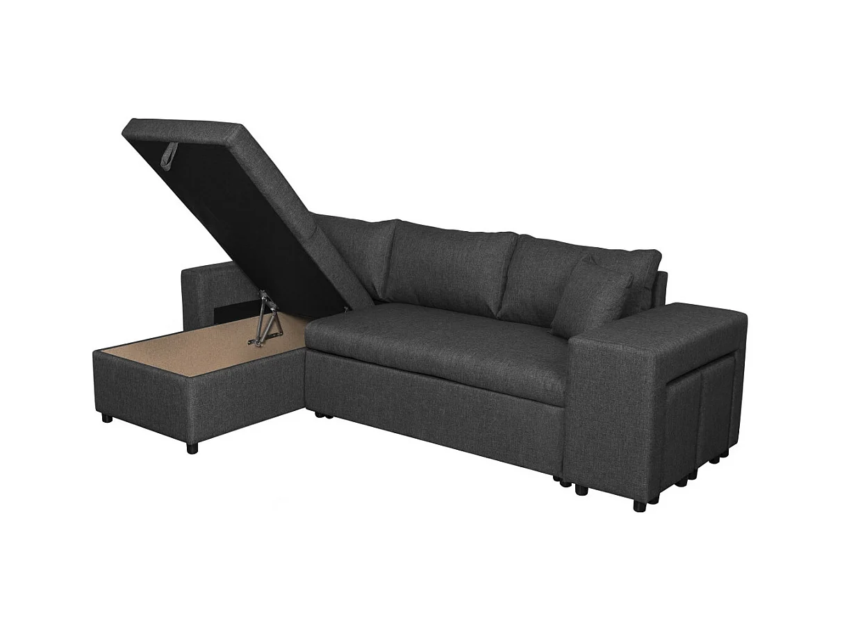 Canapé d'angle 3 places réversible Oslo avec coffre et poufs droit en tissu - Gris anthracite - L241 x P146 x H81cm - Loungitude