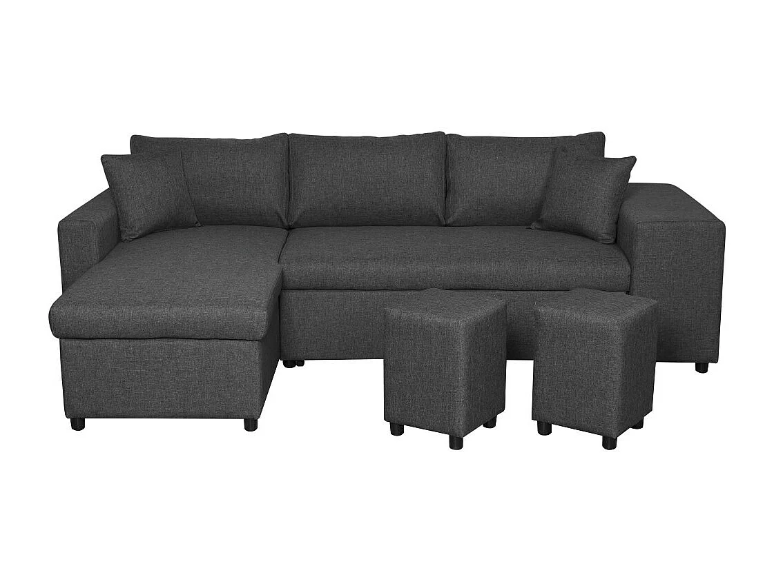 Canapé d'angle 3 places réversible Oslo avec coffre et poufs droit en tissu - Gris anthracite - L241 x P146 x H81cm - Loungitude