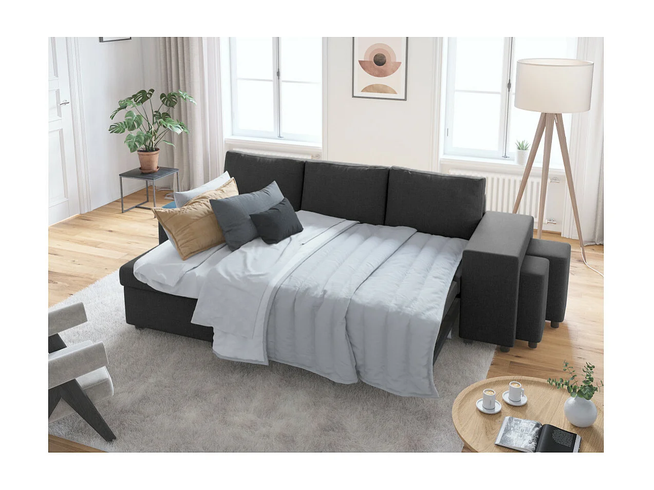 Canapé d'angle 3 places réversible Oslo avec coffre et poufs droit en tissu - Gris anthracite - L241 x P146 x H81cm - Loungitude