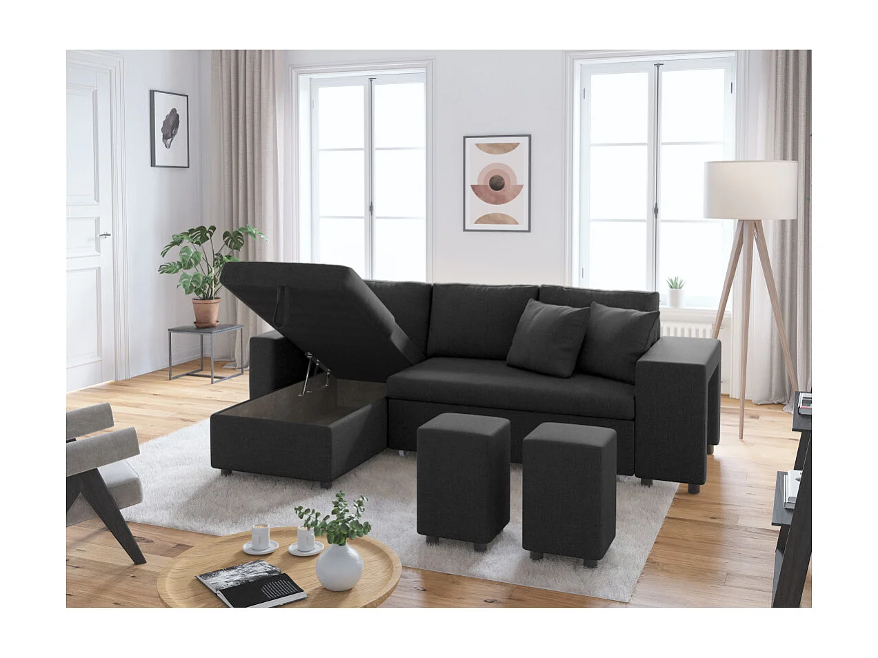 Canapé d'angle 3 places réversible Oslo avec coffre et poufs droit en tissu - Gris anthracite - L241 x P146 x H81cm - Loungitude