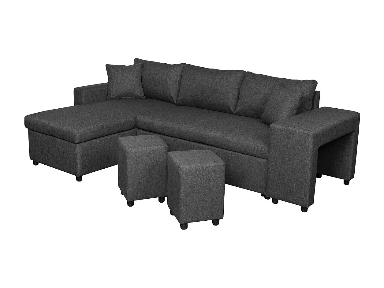 Canapé d'angle 3 places réversible Oslo avec coffre et poufs droit en tissu - Gris anthracite - L241 x P146 x H81cm - Loungitude