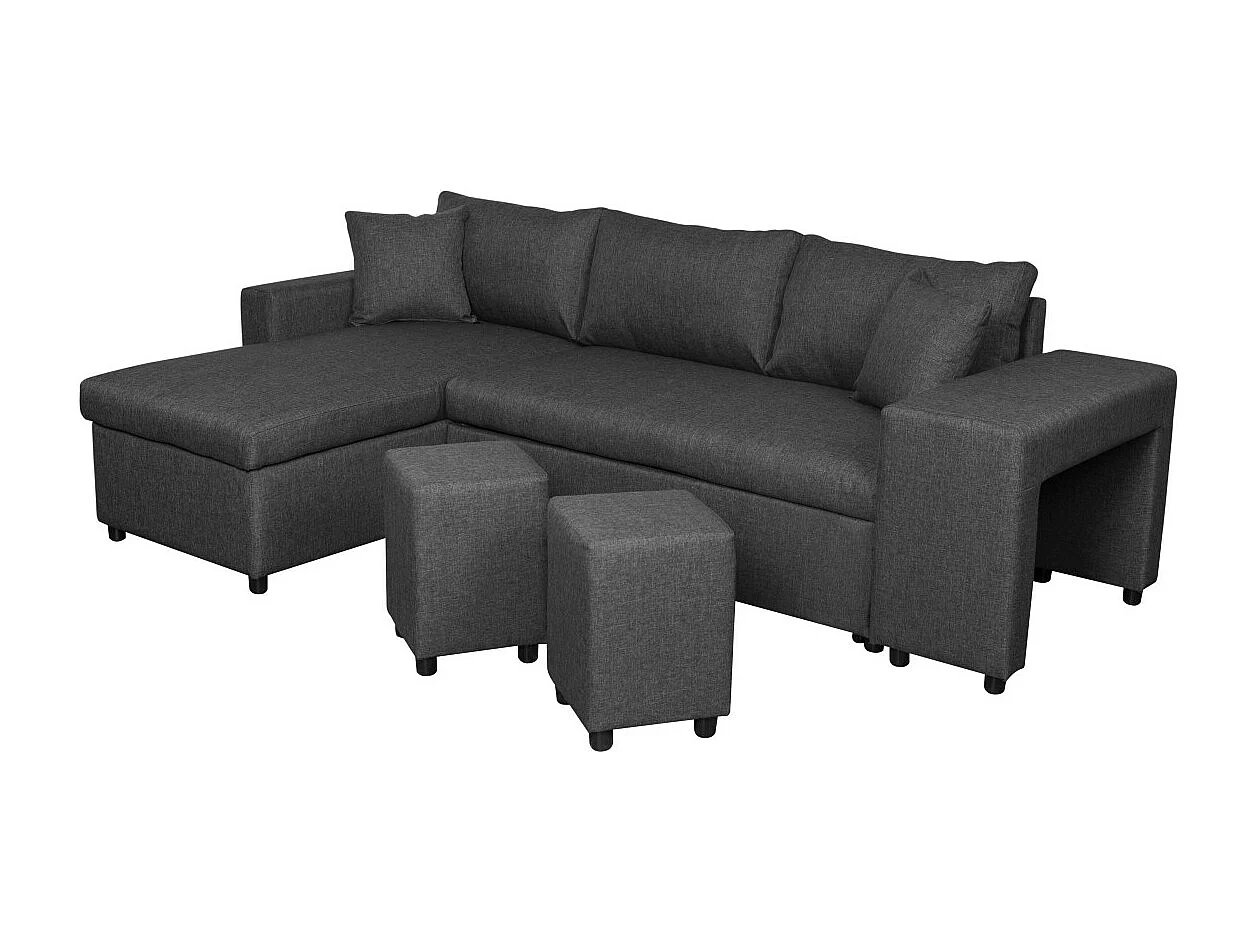 Canapé d'angle 3 places réversible Oslo avec coffre et poufs droit en tissu - Gris anthracite - L241 x P146 x H81cm - Loungitude