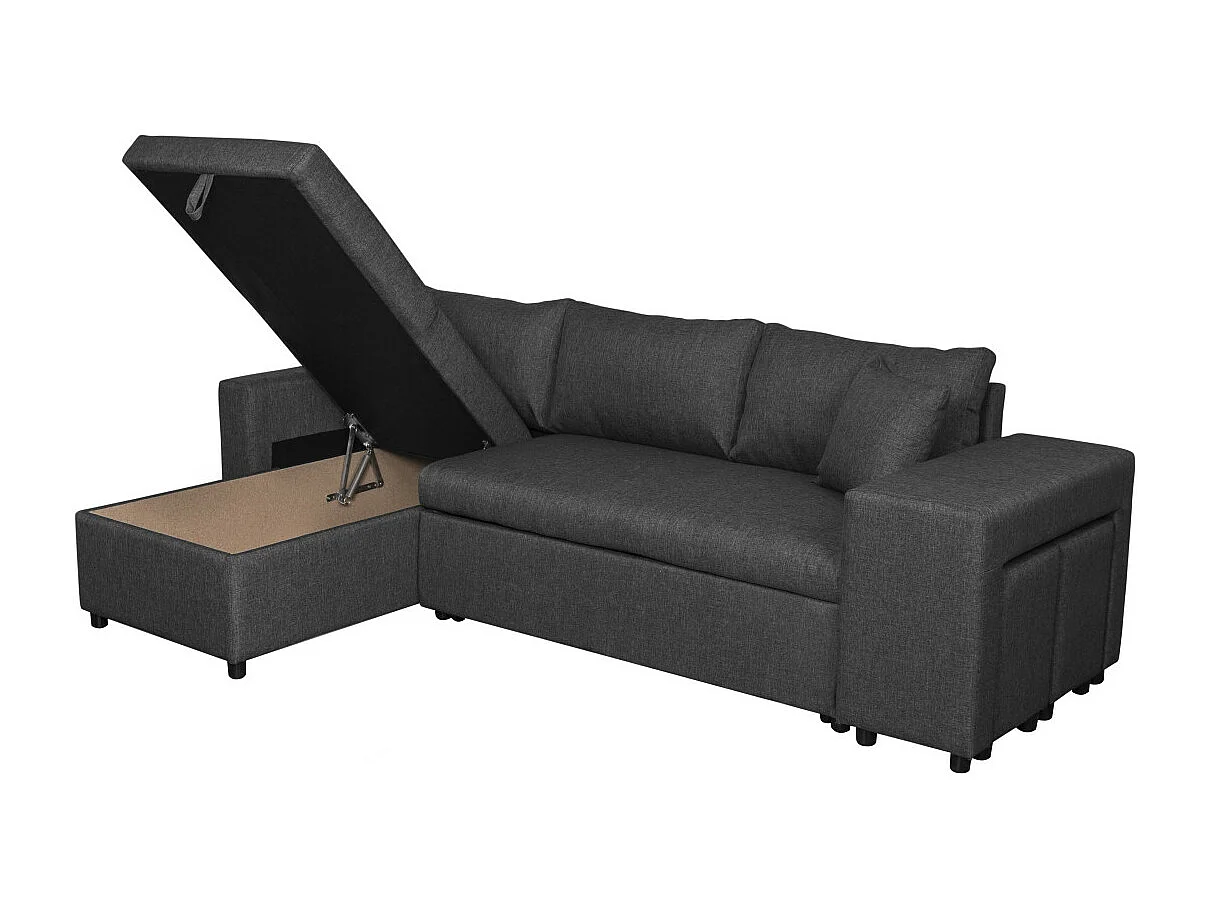 Canapé d'angle 3 places réversible Oslo avec coffre et poufs droit en tissu - Gris anthracite - L241 x P146 x H81cm - Loungitude