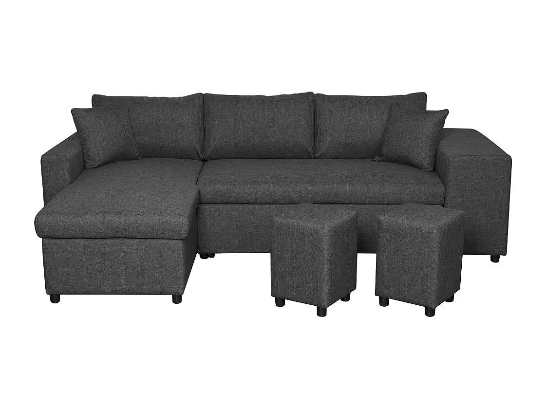 Canapé d'angle 3 places réversible Oslo avec coffre et poufs droit en tissu - Gris anthracite - L241 x P146 x H81cm - Loungitude