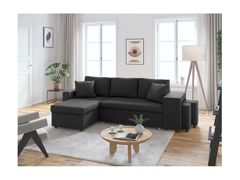 Canapé d'angle 3 places réversible Oslo avec coffre et poufs droit en tissu - Gris anthracite - L241 x P146 x H81cm - Loungitude