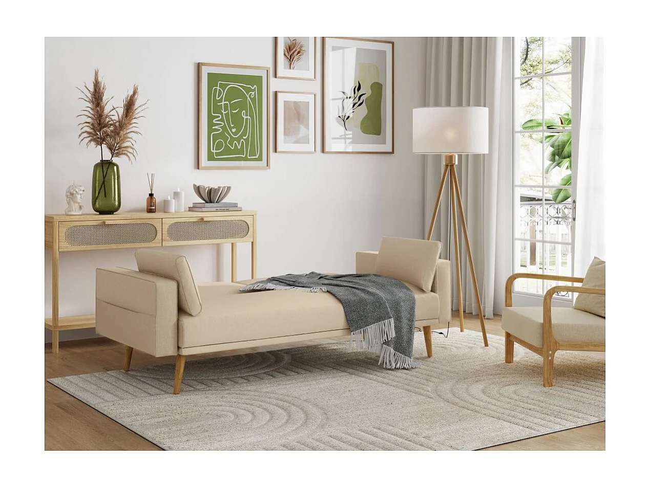 Canapé droit scandinave Elga convertible 3 places en tissu - Beige - L205 x 87 x 85cm - Loungitude